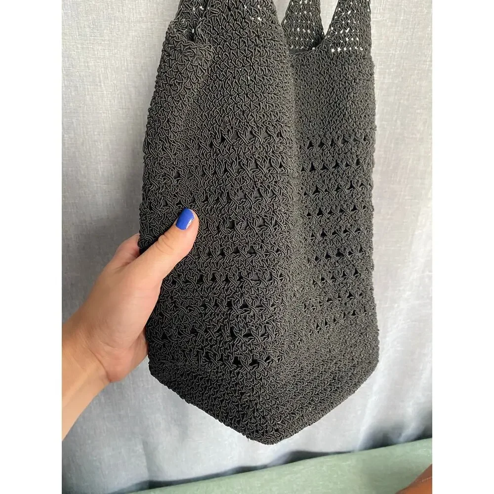 La Rue Black Crocheted Knit Crossbody Bucket Bag Tote Vintage 90s Y2K Boho
